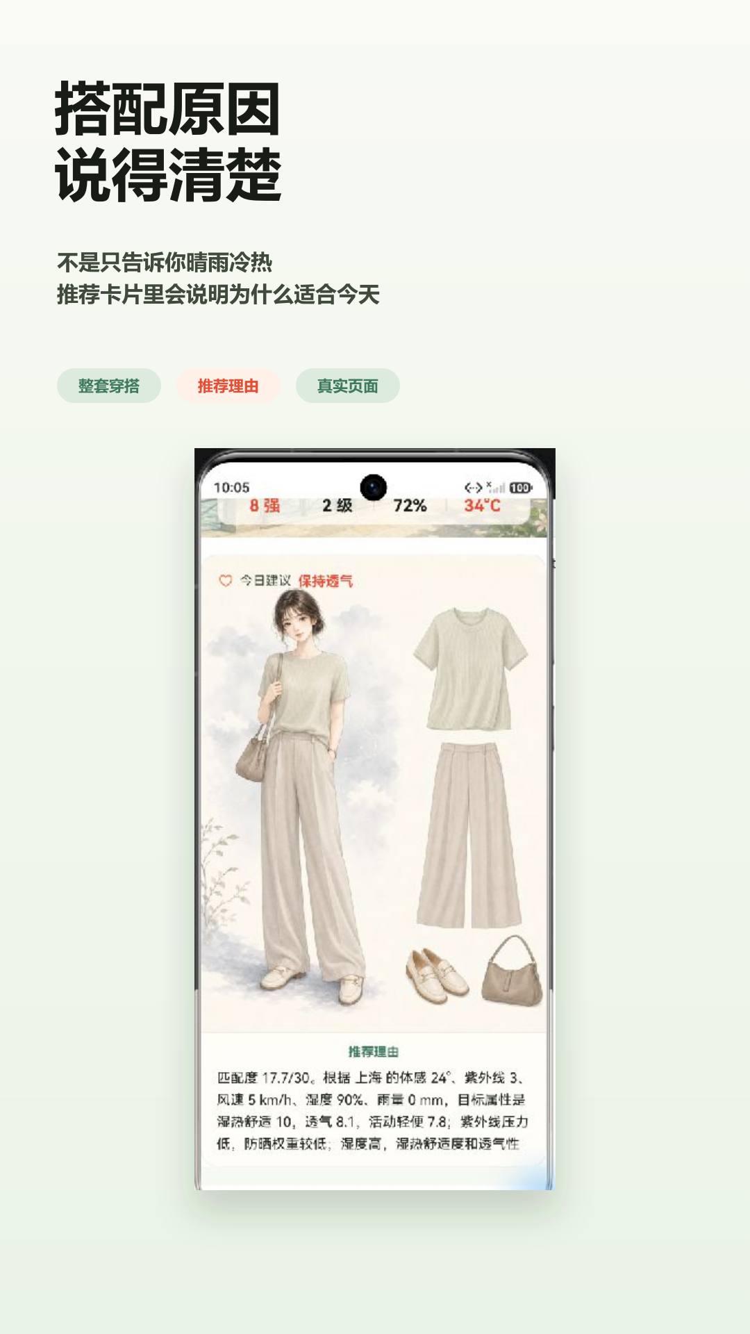 穿啥穿搭建议界面，展示服装组合与推荐理由
